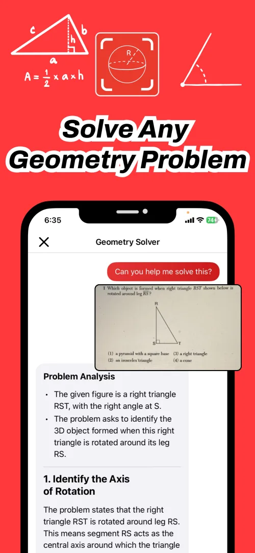 The app reading a scanned right triangle problem and showing the problem analysis