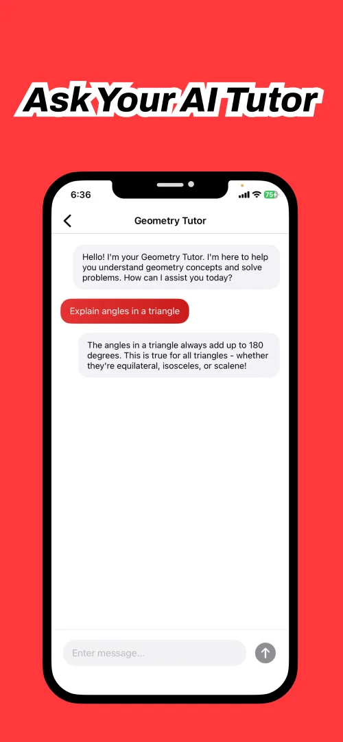 Geometry tutor screen explaining that the angles in a triangle add up to 180 degrees
