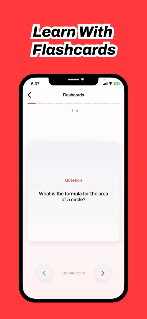 Flashcard asking for the formula for the area of a circle
